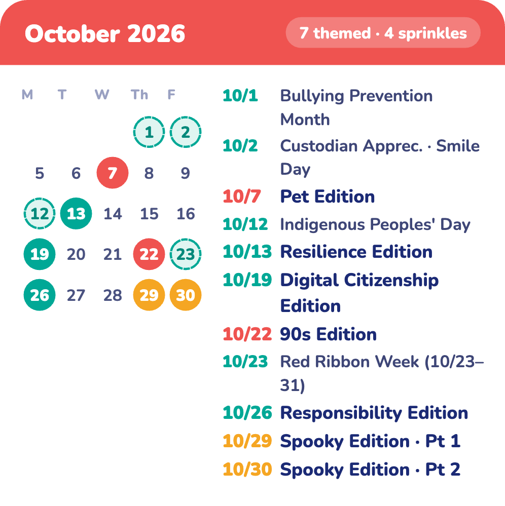 The First Five October 2026 calendar showing seven themed editions and four sprinkle days