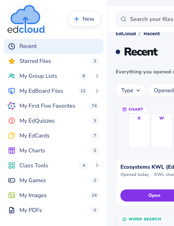 The EdCloud sidebar listing Recent, Starred Files, My Group Lists, My EdBoard Files, My First Five Favorites, My EdQuizzes, My EdCards, My Charts, Class Tools, My Games, My Images and My PDFs