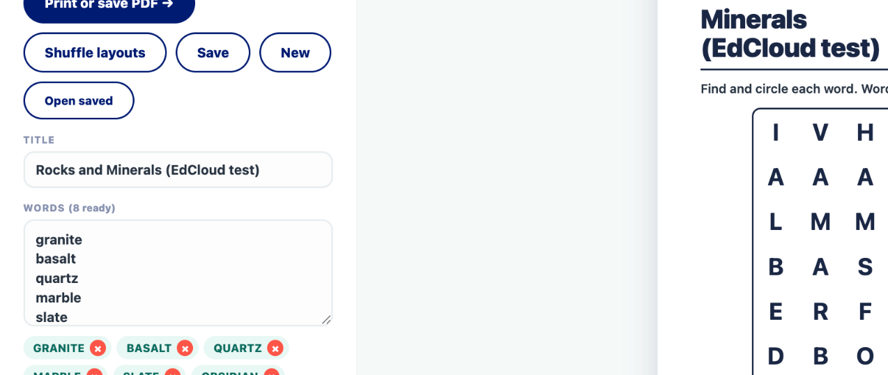 The Word Search Creator buttons: Print or save PDF, Shuffle layouts, Save, New and Open saved