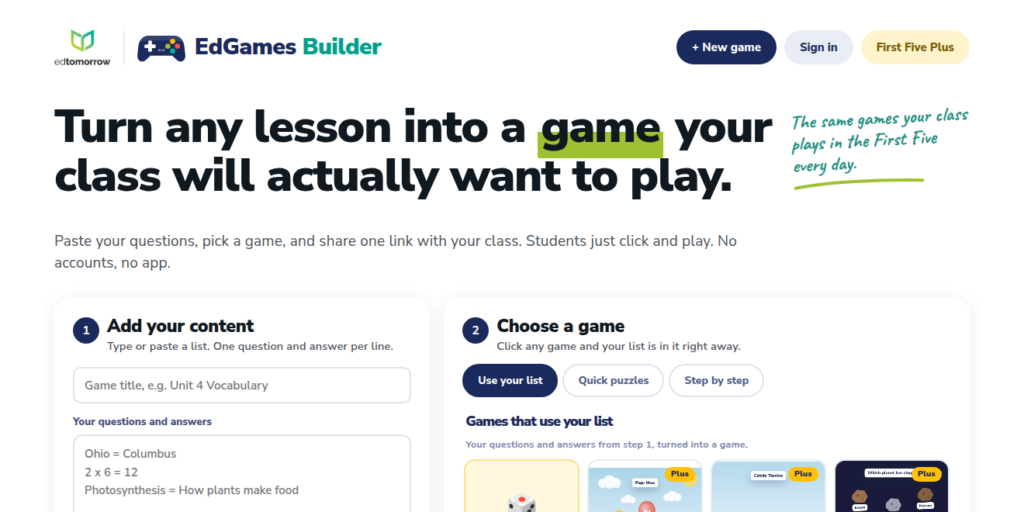The EdGames Builder page: paste your questions, pick a game, share one link
