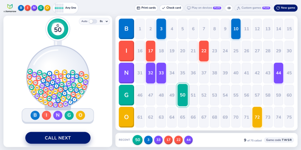 Edtomorrow Bingo mid-game: the ball machine calls G-50 beside the B-I-N-G-O board