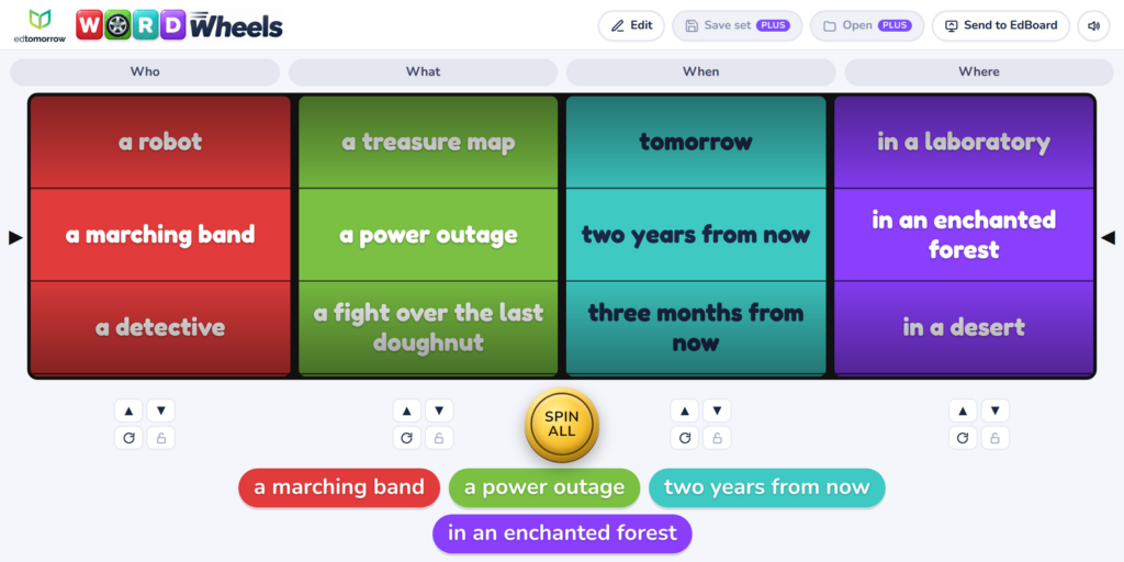Word Wheels with four reels: Who, What, When, Where