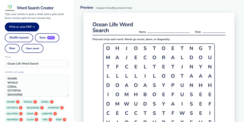 Word Search Creator building an Ocean Life puzzle
