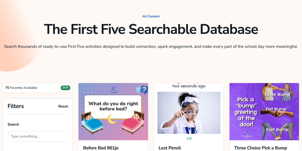 The First Five Searchable Database with activity cards