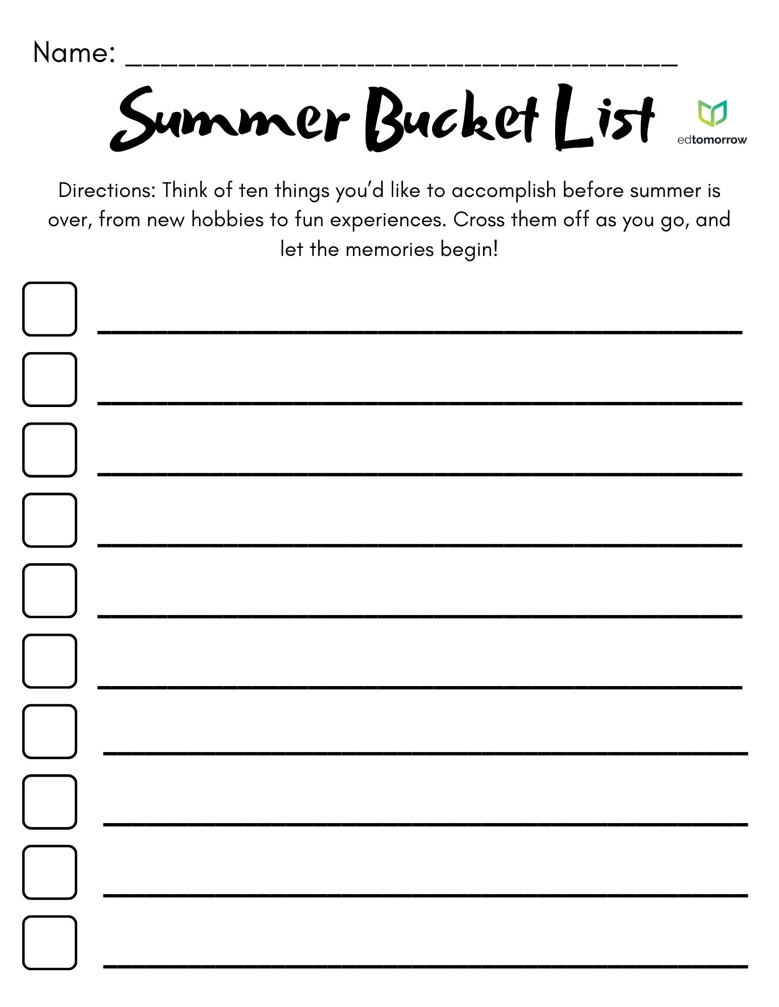Summer Bucket List Worksheet